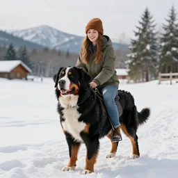 girl riding giant Bernese Mountain Dog in the snow, trending on artstation
