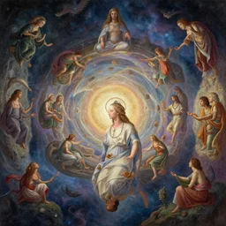 artists concept for how all layers of reality and interaction of every cause and effect, single consciousness, percieved from perspective, thought emotion & action creating reality reflected, striking detail, photo realistic, biblical, allegorical, 8 k, volume, vibrant calming lighting, cosmic renaissance, artstation