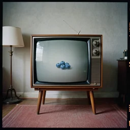 kodak portra 4 0 0, wetplate, by britt marling, 1 9 2 0 s room, 1 9 2 0 s furniture, carpet, lamp, a giant vintage television, muted colours, blueberry, portrait photo of a backdrop, concrete, wood, fog,