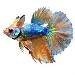 portrait from an anime of an ethereal humanoid colorful gold blue starry fox peacock hybrid betta fish hybrid character accented in bright metallic gold, wearing star filled magic imbued mage robes, art by yuji ikehata, background art by miyazaki, cartoon, proper human proportions, fully clothed