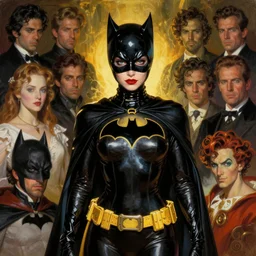 cat woman from batman in the style of peter mohrbacher, wayne barlowe, gustav moreau, bussiere, roberto ferri, santiago caruso, luis ricardo falero, austin osman spare, boris vallejo, hajime sorayama, dali