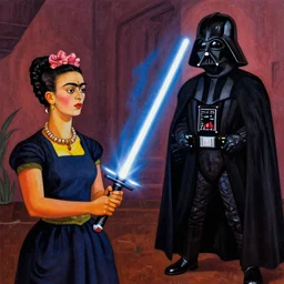 morbius holding a light saber facing darth vader, by frida khalo