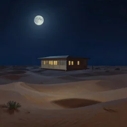 a single building flying above a desert oasis in a moonlit night in the style of peter mohrbacher and jacek yerka, dim painterly lighting volumetric aquatics