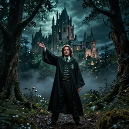 film still of salazar slytherin, standing in dark forest overlooking a gothic castle at night, glamour pose, deep focus, dramatic lighting, octane, mist, steve mccurry, volumetric lighting, 8 k