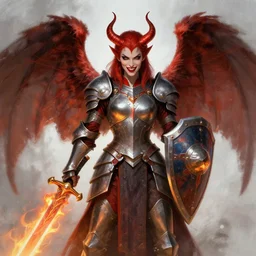disney's gargoyles female!! winged warrior! flaming sword! devilish smile!! ( ( plate armor ) ) ( ( ( shield ) ) ), fantasy painting, concept art, 4 k