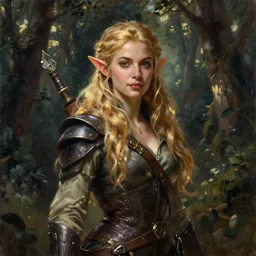 beautiful oil painting of a beautiful blonde half-elf Rogue  woman in the forest by artgerm and greg rutkowski and thomas kinkade
