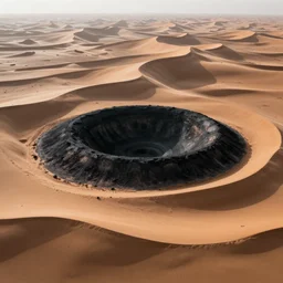 landscape photo of a round black crater in a desert surrounded by sand dunes in the shape of an iris