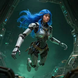 hyperrealistic scifi concept art photograph, beautiful futuristic himba girl, robotic arms, blue hair, weightless, dark green space station