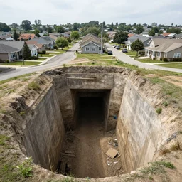 a suburban neighborhood built underground, liminal space,
