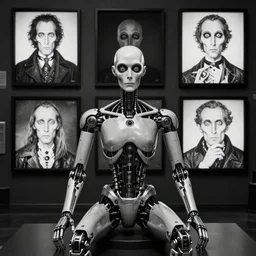 3 d portrait of a biomechanical cyborg sitting in front of wall of displays, by tony diterlizzi, tim burton, hr giger, ilford hp 5, 5 5 mm, machinecore by artgerm, 3 d render, gothcore, beeple, joseph leyendecker, carlo carra