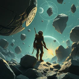 concept art of an earthbender working in an asteroid field in space