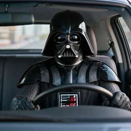 Darth Vader driving to work, photo realistic, award-winning, highly-detailed