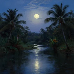 the night river of light, tropical vegetation, very serene twilight moonlight, by frederic edwin church,