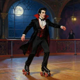 attractive male dracula the vampire roller skating in a medieval style roller rink as a full moon shines through a window. highly detailed painting by gaston bussiere, craig mullins, j. c. leyendecker 8 k