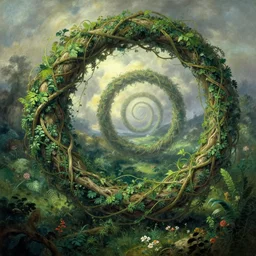 a huge vine spinning on itself in an all - encompassing spiral of woe and glory, set against a detailed natural landscape full of beautiful vegetation, by ivan aivazovsky & junji ito