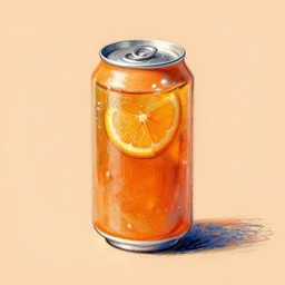an orange flavored can of soda on a light orange background, oil pastel
