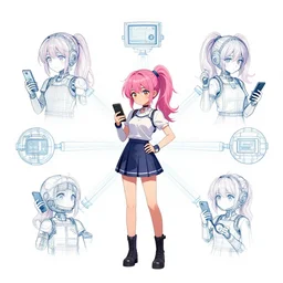 anthropomorphic connected automated social bot network, blueprint, teasing anime girl with pink pony tailed hairs with smartphone, symmetrical illustration