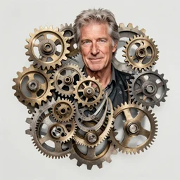 color studio photo of richard gere made out of gears, optical illusion