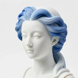 full head and shoulders, beautiful female porcelain sculpture by daniel arsham and raoul marks, smooth, all white features on a white background, delicate facial features, white eyes, white lashes, detailed white, lots of real blue hair in a winding hairstyle on the head