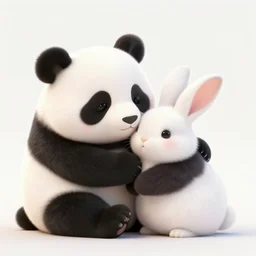 panda cat and rabbit snuggling cute