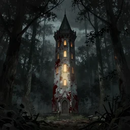 a bloody tower shining its light across a gloomy forest by greg rutkowski and thomas kinkade, trending on artstation. dark color scheme.