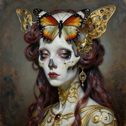 high resolution sharp focus extremely hyperrealistic horrifyingly beautiful 3 / 4 portrait oilpainting of bug lady of the skull butterfly portrait by michael hussar in style of michael hussar and rene lalique metropolis artnouveau ceramic effect gild strips like ali franco's paintings 8 k