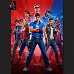 The Red Blue Gang, game poster printed on playstation 2 video game box , Artwork by Akihiko Yoshida, cinematic composition