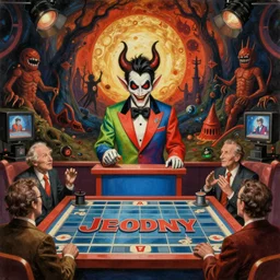 A Jeopardy-style retro game show hosted by Satan in a colorful suit, being recorded before a studio audience in the middle of Hell, in the fashion of Hieronymus Bosch, oil on canvas, painting, 4k, wide shot