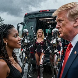 kayne west meets with donald trump on the back of a tour bus : : movie shot from prometheus : : sexy, clothed, fit, female cyborgs pin them with alien weaponry for not obeying intergalactic respect laws. heavy acid rain. film grain color footage. music video style promo for movie. closeup faces