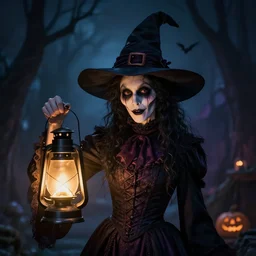 portrait of a ghoulish victorian witch dark cheekbones holding a lantern, halloween night, charlie bowater, artgerm, kawaii, chris moore & studio ghibli, ruan jia, realism, ultra detailed, 8 k resolution