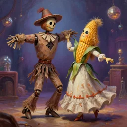 detailed soft painting of a robot scarecrow and his robot corn dolly wife dancing at a disco. elegant highly detailed artstation concept art matte folk horror