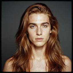 A medium shot,  Kodachrome Slide, editorial celebrity photograph of a man with ivory skin, long, rippling cinnamon hair, and eyes the color of gleaming steel. High-key natural flat ambient lighting, 1954 photograph from Vogue Magazine.