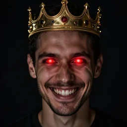 man with a crown, smirk, photograph, black background, glowing red eyes, grin