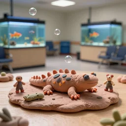 plasticine model of [ [ [ [ newt ] ] ] ] figures clay surreal. strange. tilt shift. tank. bubbles. weird. fish tank in waiting room. photorealistic.