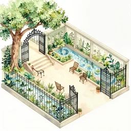 isomeric view, stairway, chairs, wrought iron gates, tree, delicate water in a botanic garden, garden road, temple in a botanical herbarium paper, watercolor colored painting, iridescent colors, realistic shaded, fine details, artstation, italian style, colonnade, huge flowers, architecture
