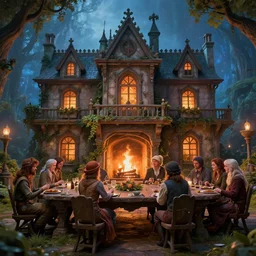 an enchanted feywild mansion with people sitting at a long tabl, in front of a fireplace, dungeons and dragons, 4 k, highly detailed, vibrant colors, trending on cgsociety