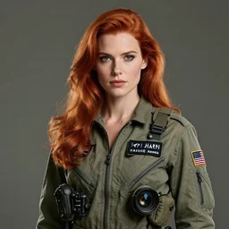 epic professional digital portrait art of attractive thin redhead woman wearing airforce jumpsuit, 3 5 mm lens, facing front, by neal adams, artstation, cgsociety, wlop, epic, much wow, much detail, gorgeous, detailed, cinematic, masterpiece