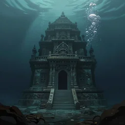 full color, wide shot, submerged pre - incan temple, dark, underwater, symmetrical, bubbles, abyss, grenada underwater sculpture park, anime style mixed with fujifilm, detailed gouache paintings, stylized, dark, murky, foggy, atmospheric, artstation, cgsociety, octane render, cgi, unreal engine 5, denoise, cinematic masterpiece