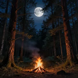 forest at night, lit campfire on the ground, moon in the sky, beautiful painting