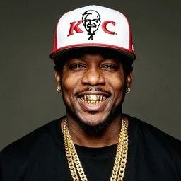 dslr portrait still of colonel harland david sanders as a rapper with gold chains and gold teeth and a baseball cap that says kfc, 8 k, 8 5 mm, f 1. 8
