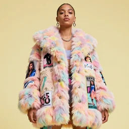 coat for a rave With fur, hairstyle, earrings, bright soft colors, soft yellow background, many details, prints, photo for a magazine, photo for a store, fashion photography, Vogue, low angle photo, wide angle , cinematic, hyper realism, high detail, octane render, 8k, chrome accents, very coherent symmetrical artwork, perfect face model, Soft light, Reduced contrast,uniform light skin color of the model