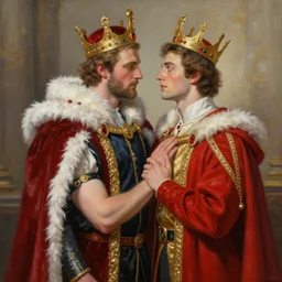 attractive fully clothed king confesses his love for his attractive fully clothed male prince. highly detailed painting by craig mullins, tom bagshaw,