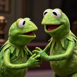 The Terminator fighting against Kermit the frog, full head, medium focale, style film