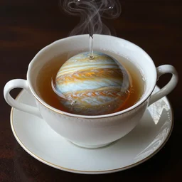 a teacup containing a planet Jupiter as a boiling liquid, hyper realistic