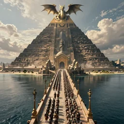 wide establishing shot fantasy scene by raymond swanland and canaletto and greg rutkowski of many soliders marching in formation on a bridge leading to a gigantic pyramid temple, nicol bolas as dragon on top of the pyramid, epic cinematic composition, fine details, hyperrealism, aerial symmetrical view