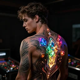 extremely beautiful and handsome young man. pinballpunk. he has beautiful, elegant bioluminescent tattoos on his back. tattoos have jewel tones, gradients, intricate line work. professional low - light photography in a dark room, black background, zero flash, light only comes from tattoos.