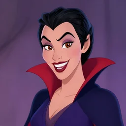 head and shoulder shot of a female vampire, vampire in the style of disney, hard lighting, professional studio, smile, vibrant colors, fashion