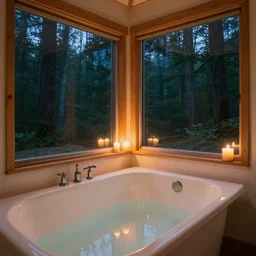 close up shot of a bathtub in a small bathroom, bath with candles, large windows outside to a forest at night, interior design