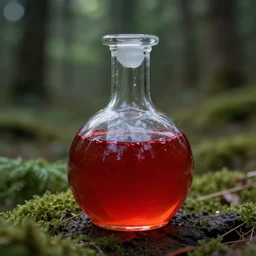 Potion of healing, red liquid, forrest background