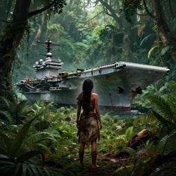 a tribal woman from behind, in front of the aircraft carrier USS Nimitz rotting on the ground overgrown with vegetation, lush rain forest, post appocalyptic, by Luis Royo, by Greg Rutkowski, dark, gritty, intricate, backlit, strong rim light, cover illustration, concept art, volumetric lighting, volumetric atmosphere, sharp focus, octane render, trending on artstation, 8k